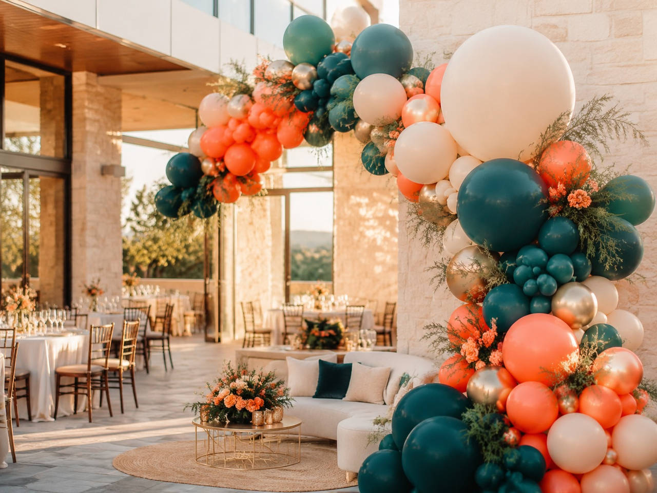 Premium teal, coral, and gold balloon installation for Greater Houston events